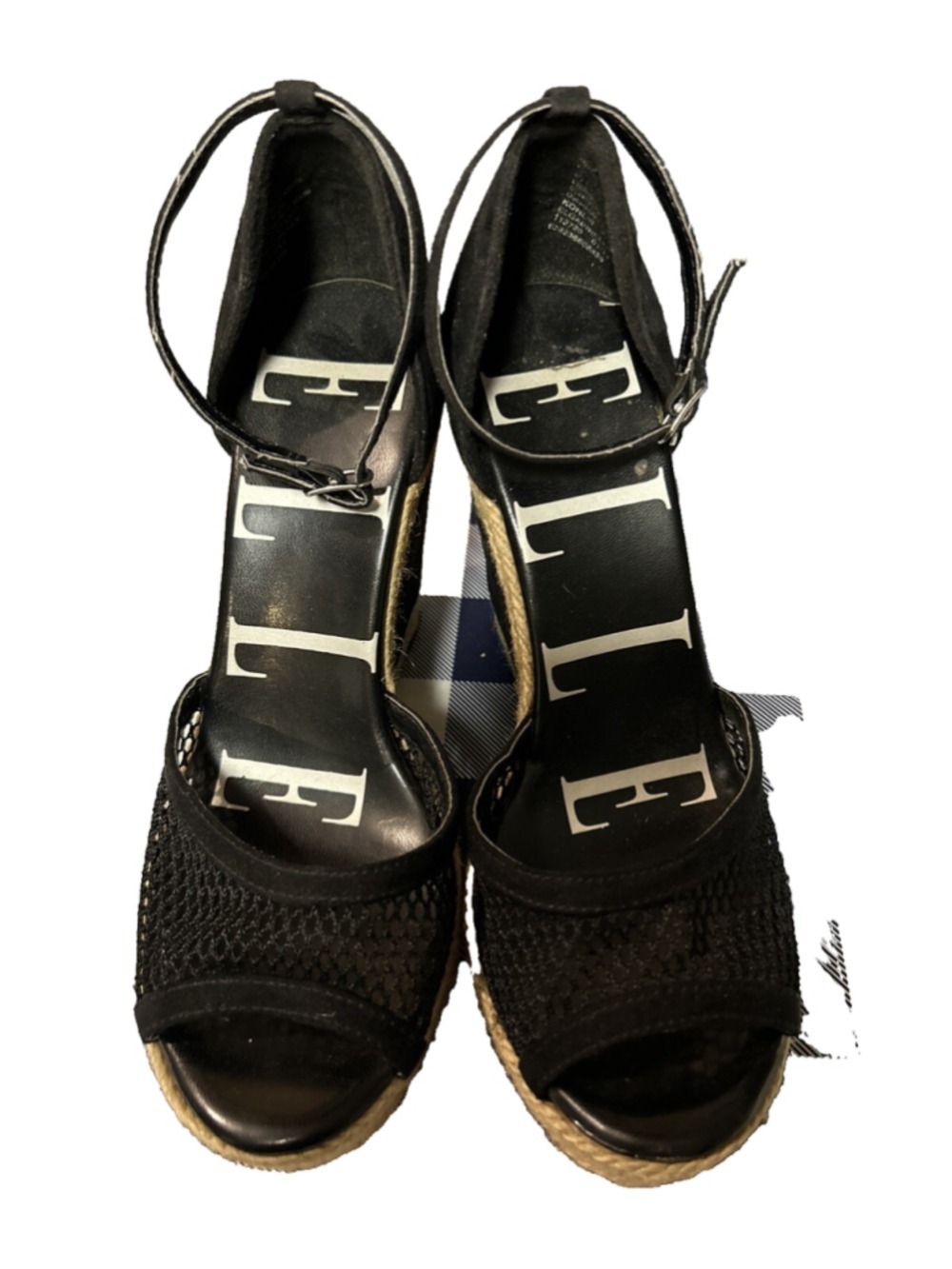 ELLE Espadrille Wedge Sandals Chunky Shoes Size 7 Black Tan Mesh Peep Toe Strap